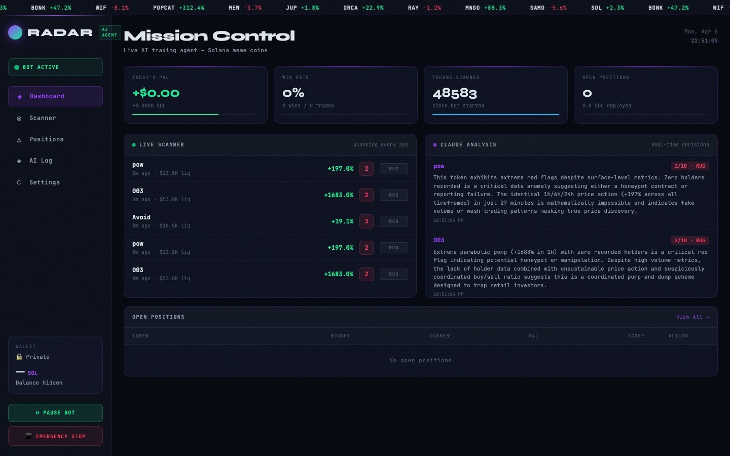 RADAR Solana scanner dashboard